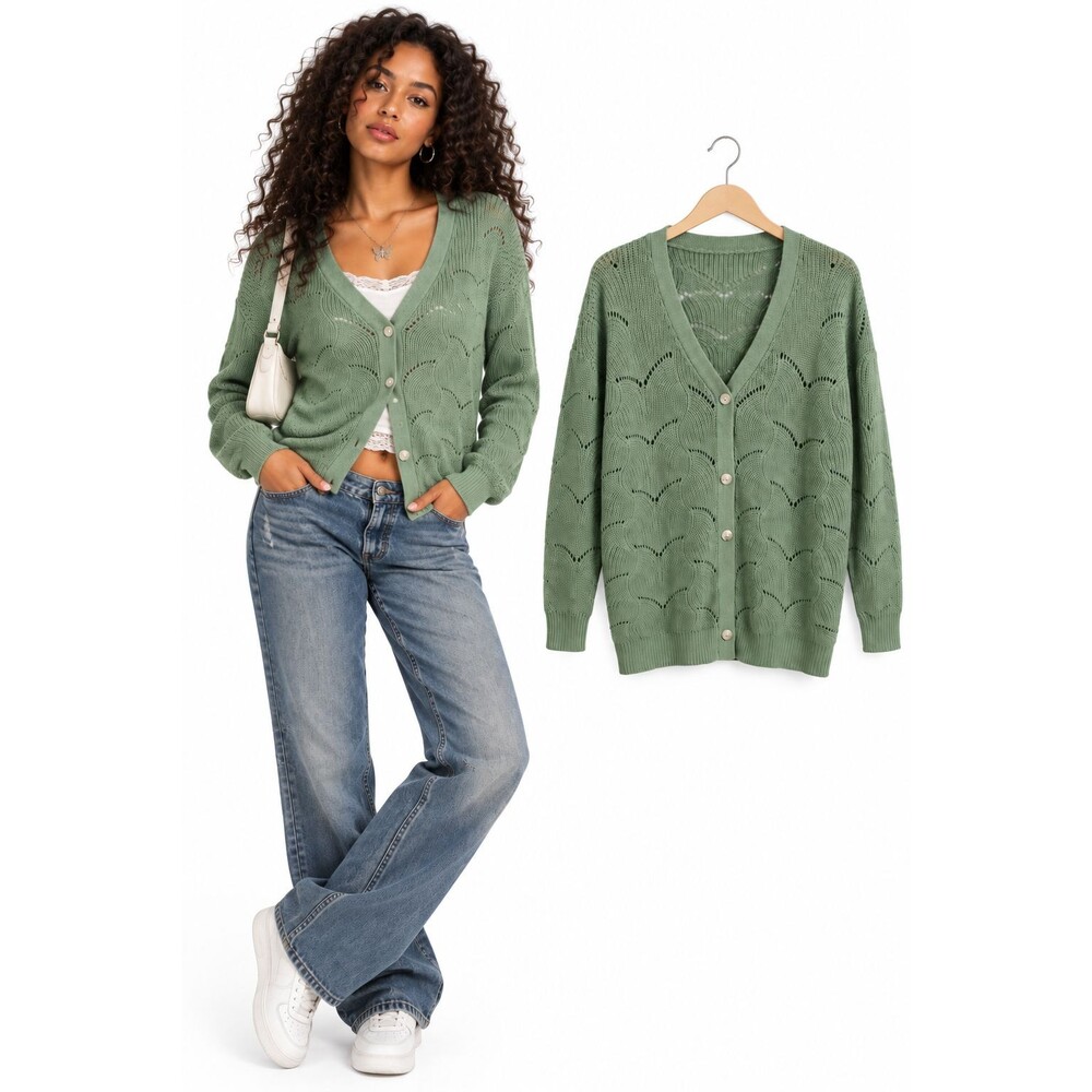 New Yesfashion Open Knit Cardigan Sweater Small Button Front Sage Green Boho